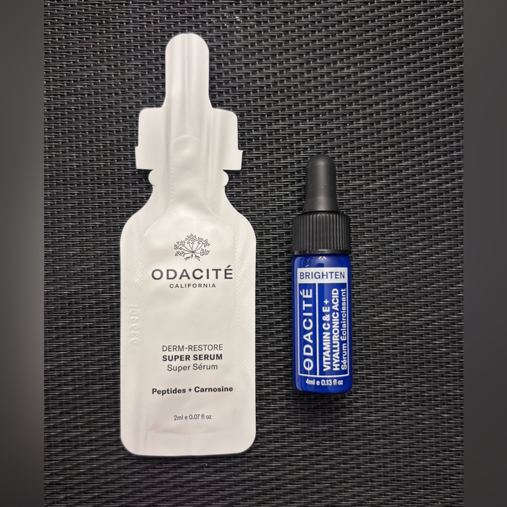 New Odacite Derm-Restore Super and Brightening Serum travel samples